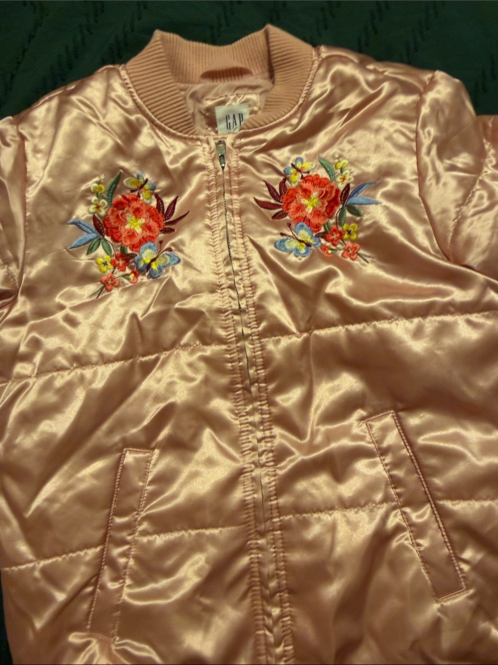 GAP Satin Pink Bomber Jacket with Floral Embroidery